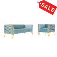 Manhattan Comfort 2-SS548-OB Vector 2-Piece Ocean Blue and Gold Sofa and Armchair Set